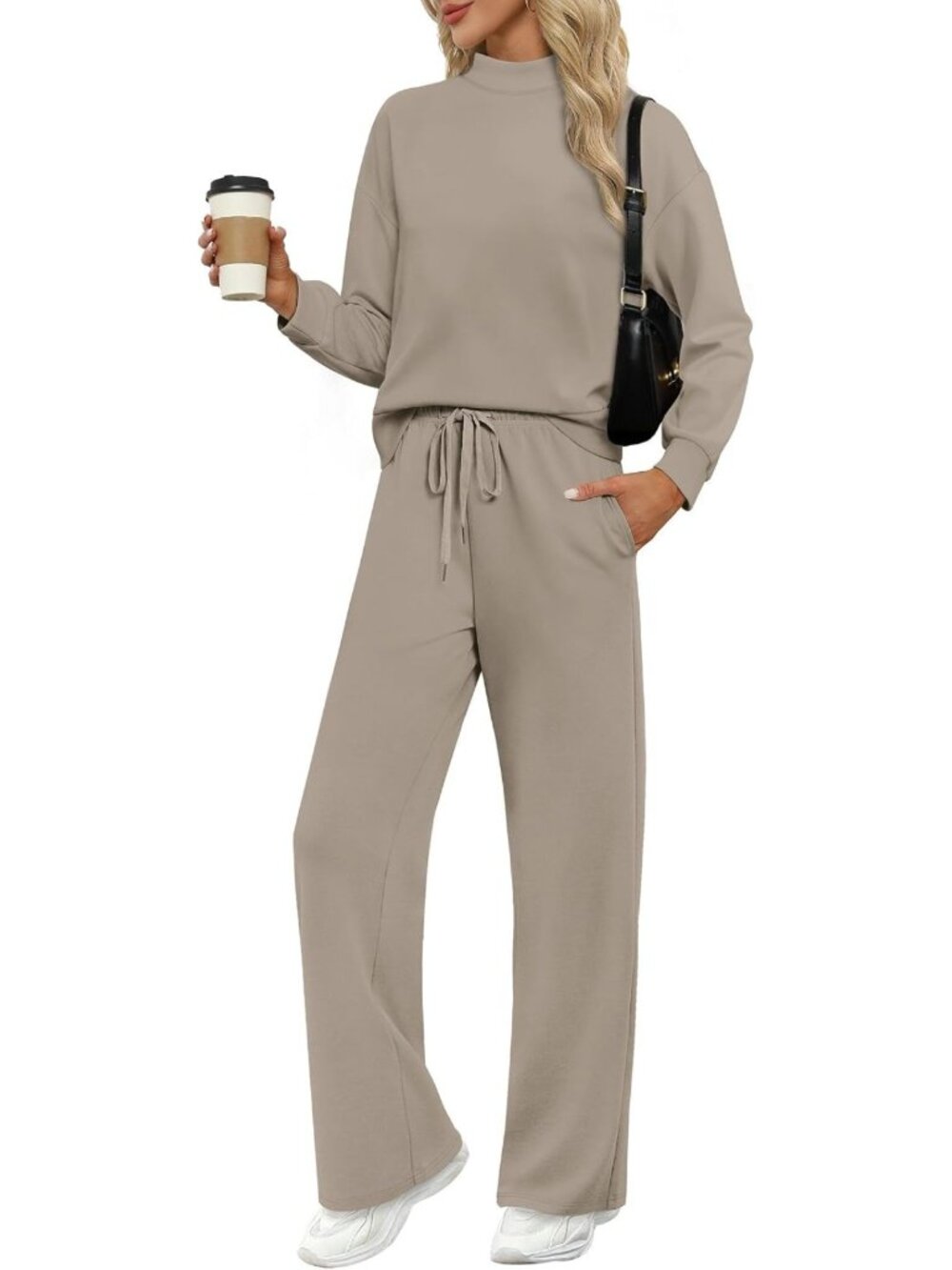 Chic Two-Piece Lounge Set for Women - Mock Neck Top & Wide Leg Pants, Travel